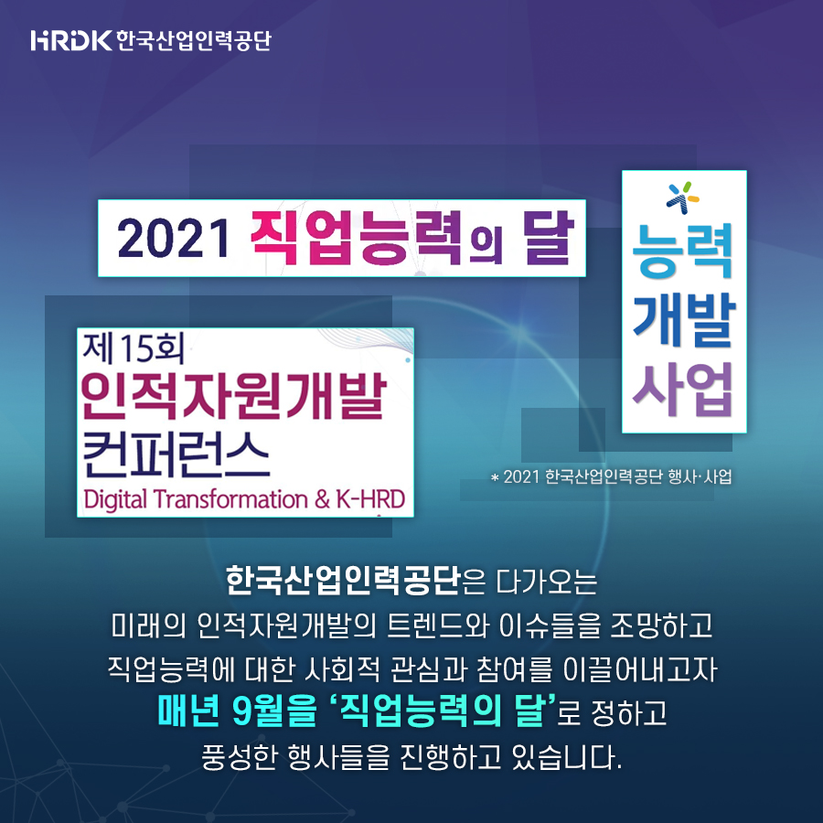 HRDK한국산업인력공단, 2021 직업능력의 달, 능력개발사업, 제 15회 인적자원개발컨퍼런스(Digital Transformation & K-HRD, * 2021 한국산업인력공단 행사·사업, 한국산업인력공단은 다가오는 미래의 인적자원개발의 트렌드와 이슈들을 조망하고 직업능력에 대한 사회적 관심과 참여를 이끌어내고자 매년 9월을 『직업능력의 달』로 정하고 풍성한 행사들을 진행하고 있습니다.
